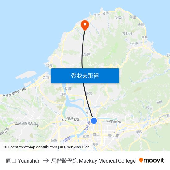 圓山 Yuanshan to 馬偕醫學院 Mackay Medical College map