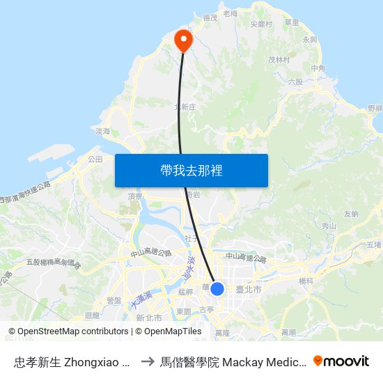忠孝新生 Zhongxiao Xinsheng to 馬偕醫學院 Mackay Medical College map