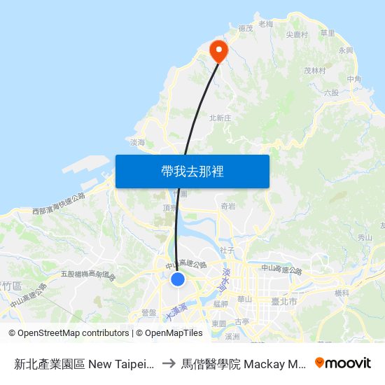 新北產業園區 New Taipei Industrial Park to 馬偕醫學院 Mackay Medical College map