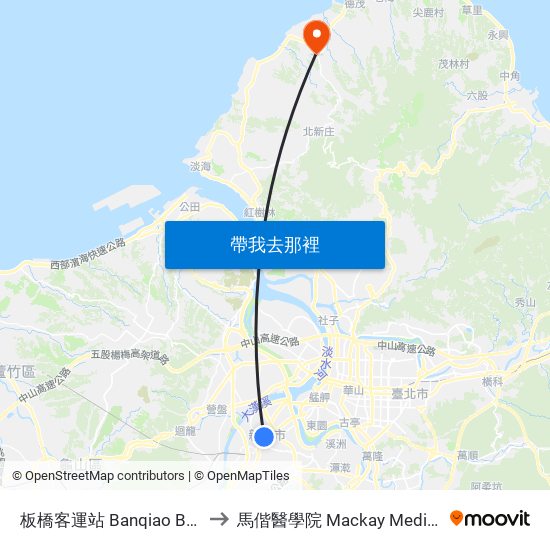 板橋客運站 Banqiao Bus Station to 馬偕醫學院 Mackay Medical College map