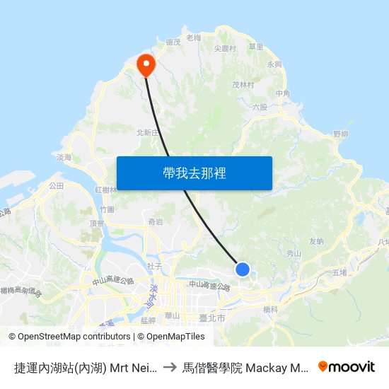 捷運內湖站(內湖) Mrt Neihu Sta. (Neihu) to 馬偕醫學院 Mackay Medical College map