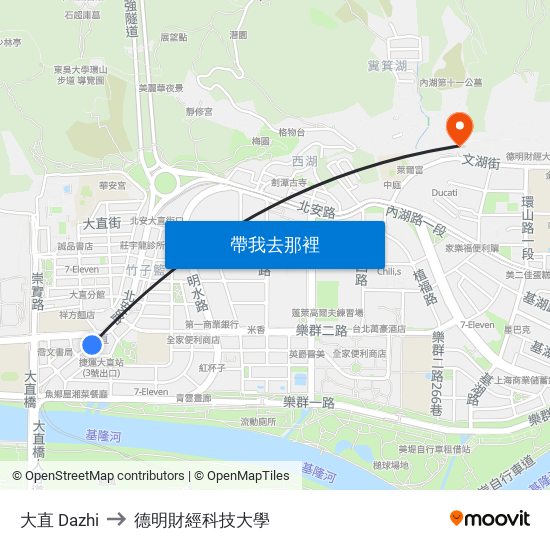 大直 Dazhi to 德明財經科技大學 map