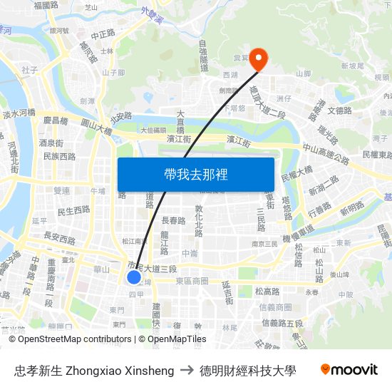 忠孝新生 Zhongxiao Xinsheng to 德明財經科技大學 map