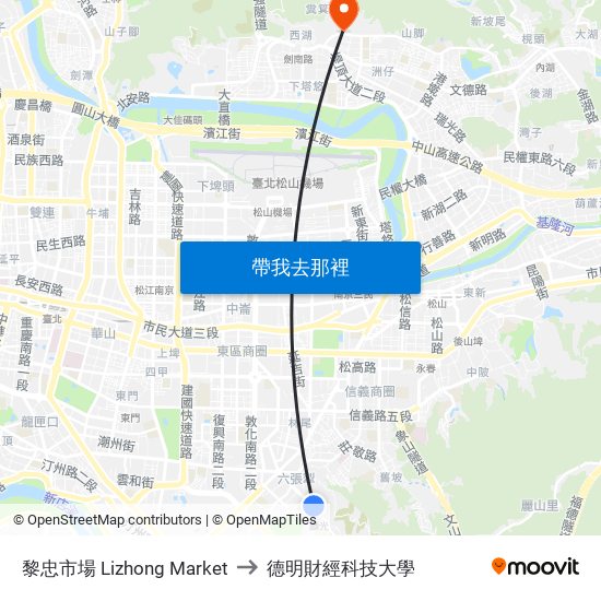 黎忠市場 Lizhong Market to 德明財經科技大學 map