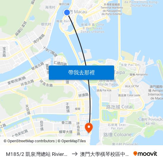 M185/2 凱泉灣總站 Riviera Macau / Terminal to 澳門大學橫琴校區中央教學樓東四座 map