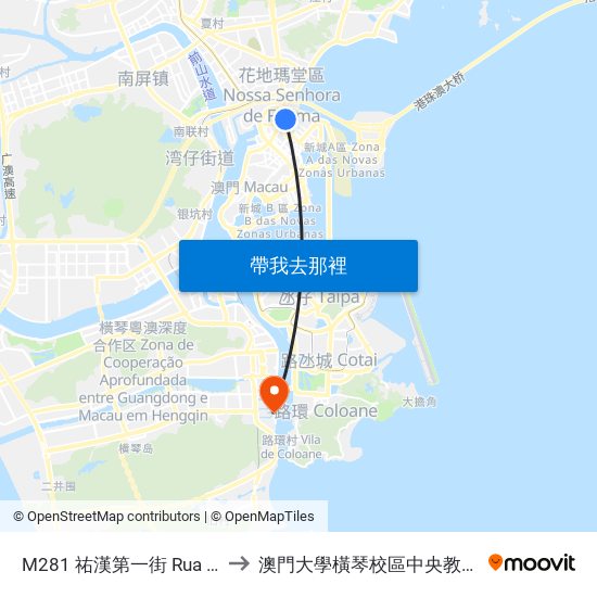 M281 祐漢第一街 Rua 1 Iao Hon to 澳門大學橫琴校區中央教學樓東四座 map