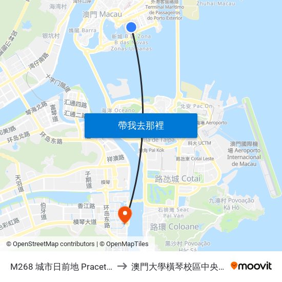 M268 城市日前地 Praceta 24 De Junho to 澳門大學橫琴校區中央教學樓東四座 map