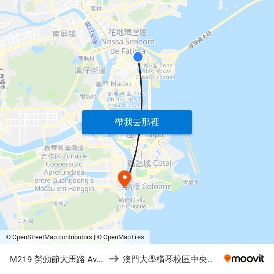 M219 勞動節大馬路 Av. 1º De Maio to 澳門大學橫琴校區中央教學樓東四座 map