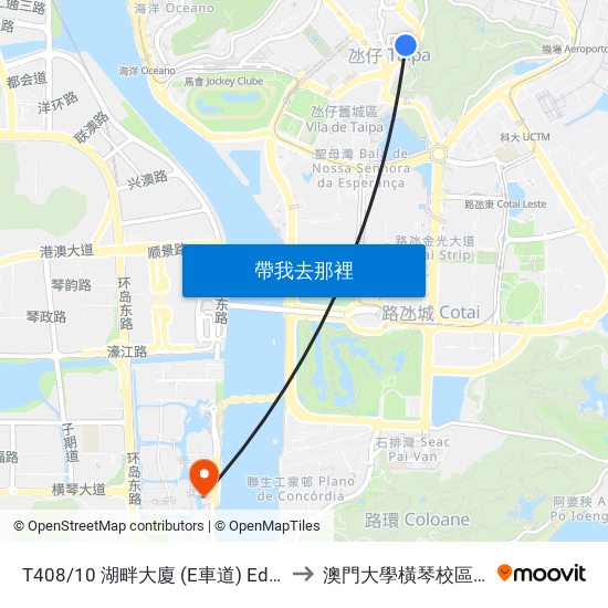 T408/10 湖畔大廈 (E車道) Edifício Do Lago (Via / Lane E) to 澳門大學橫琴校區中央教學樓東四座 map