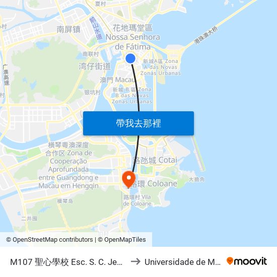 M107 聖心學校 Esc. S. C. Jesus, Sacred Heart Canossian College to Universidade de Macau (澳門大學) Campus map