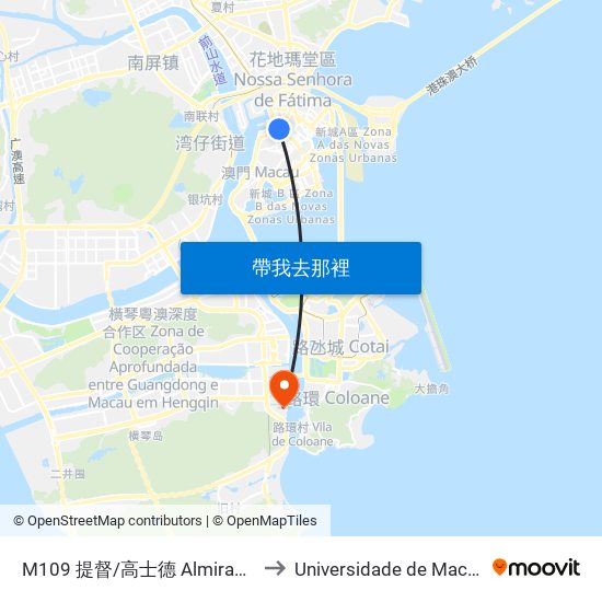 M109 提督/高士德 Almirante Lacerda / Horta E Costa to Universidade de Macau (澳門大學) Campus map