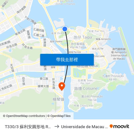 T330/3 蘇利安圓形地 Rotunda Leonel Sousa to Universidade de Macau (澳門大學) Campus map