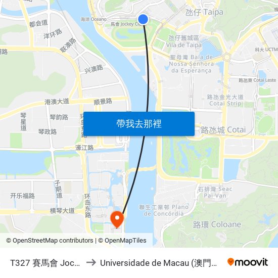 T327 賽馬會 Jockey Club to Universidade de Macau (澳門大學) Campus map