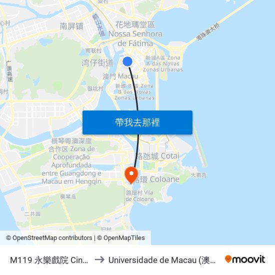 M119 永樂戲院 Cinema Alegria to Universidade de Macau (澳門大學) Campus map