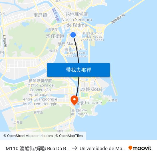 M110 渡船街/婦聯 Rua Da Barca/Esc. Assoc. G. De Mulhers to Universidade de Macau (澳門大學) Campus map