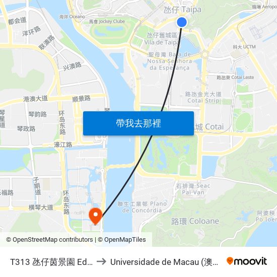 T313 氹仔茵景園 Edf. Greenville to Universidade de Macau (澳門大學) Campus map