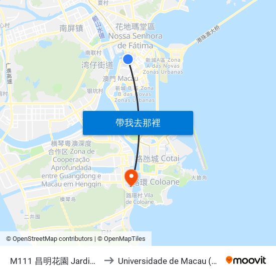 M111 昌明花園 Jardim Cheong Meng to Universidade de Macau (澳門大學) Campus map