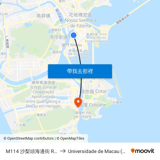 M114 沙梨頭海邊街 R.  Ribeira  Patane to Universidade de Macau (澳門大學) Campus map