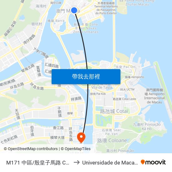 M171 中區/殷皇子馬路 Centro/Infante D. Henrique to Universidade de Macau (澳門大學) Campus map