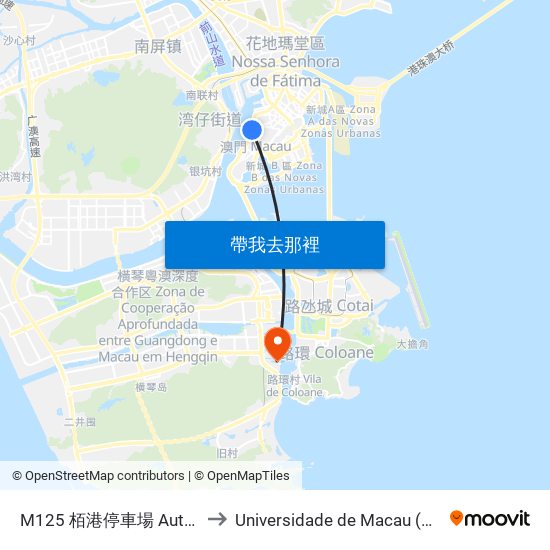 M125 栢港停車場 Auto-Silo Pak Kong to Universidade de Macau (澳門大學) Campus map