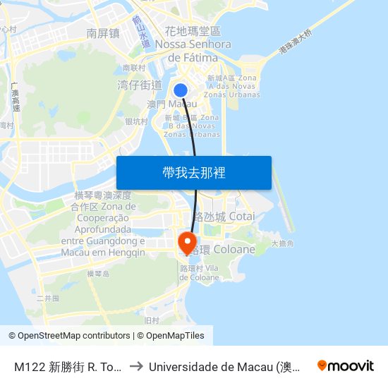 M122 新勝街 R. Tomás  Vieira to Universidade de Macau (澳門大學) Campus map