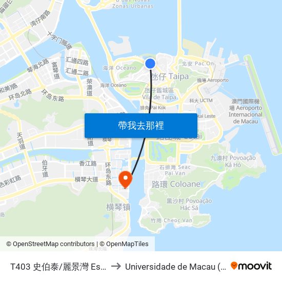 T403 史伯泰/麗景灣 Esparteiro/ Regency to Universidade de Macau (澳門大學) Campus map