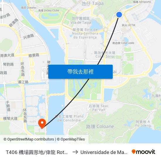T406 機場圓形地/偉龍 Rotunda Do Aeroporto / Wai Long to Universidade de Macau (澳門大學) Campus map