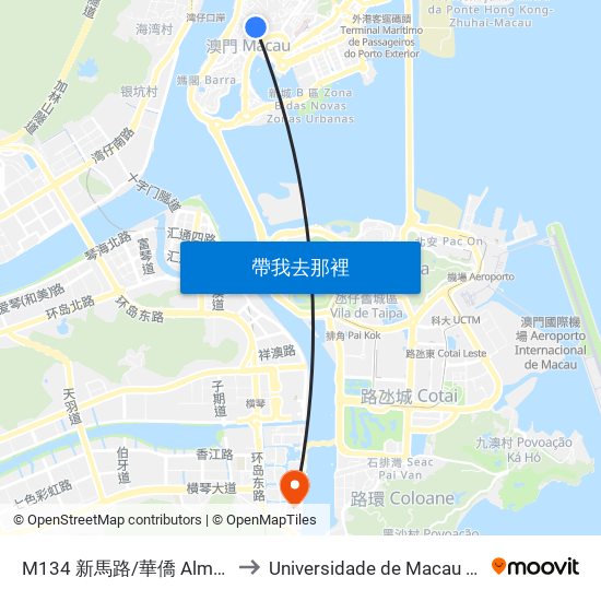 M134 新馬路/華僑 Almeida Ribeiro / Ocbc to Universidade de Macau (澳門大學) Campus map