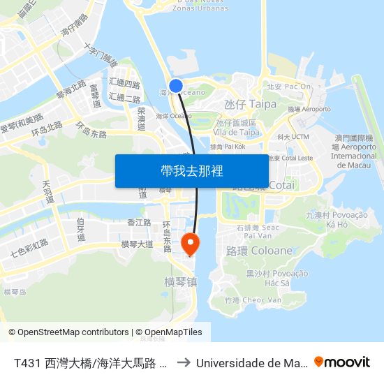 T431 西灣大橋/海洋大馬路 Ponte De Sai Van / Av. Do Oceano to Universidade de Macau (澳門大學) Campus map
