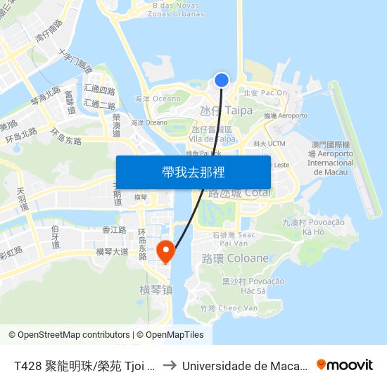 T428 聚龍明珠/榮苑 Tjoi Long Sea View/Bloco 1 to Universidade de Macau (澳門大學) Campus map