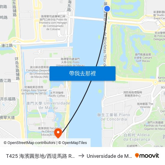 T425 海濱圓形地/西堤馬路 Rotunda Marginal/ Est. Do Dique Oeste to Universidade de Macau (澳門大學) Campus map