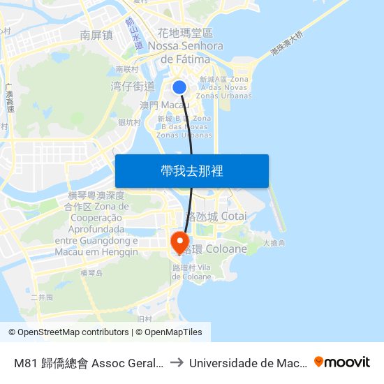 M81 歸僑總會 Assoc Geral Dos Chineses Ultramarinos to Universidade de Macau (澳門大學) Campus map