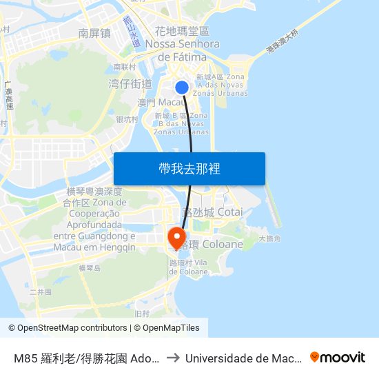 M85 羅利老/得勝花園 Adolfo Loureiro/ Jardim  Vitória to Universidade de Macau (澳門大學) Campus map