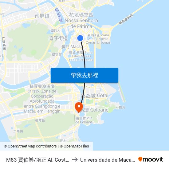 M83 賈伯樂/培正 Al. Costa Cabral/ Esc. Pui Ching to Universidade de Macau (澳門大學) Campus map