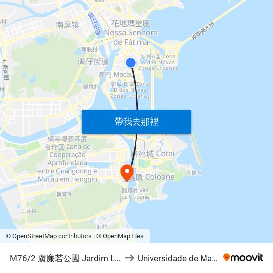 M76/2 盧廉若公園 Jardim Lou Lim Ioc, Lou Lim Ioc Garden to Universidade de Macau (澳門大學) Campus map