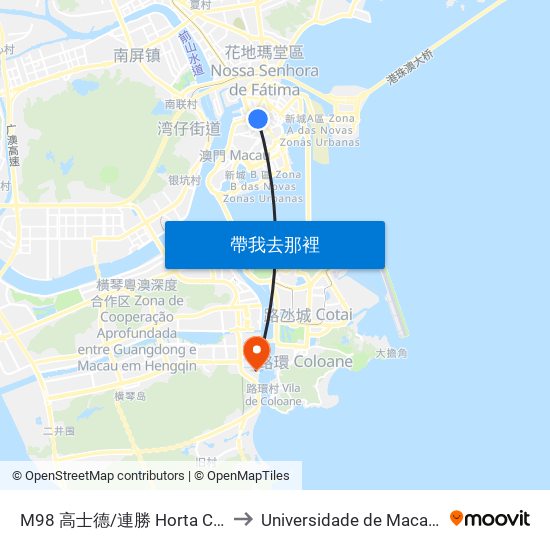 M98 高士德/連勝 Horta Costa/ Coelho Do Amaral to Universidade de Macau (澳門大學) Campus map