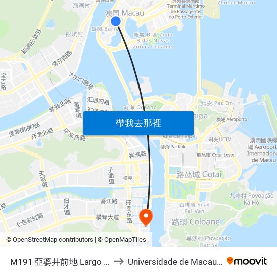 M191 亞婆井前地 Largo Do Lilau, Lilau Square to Universidade de Macau (澳門大學) Campus map