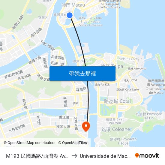 M193 民國馬路/西灣湖 Av. República/ Lago Sai Wan to Universidade de Macau (澳門大學) Campus map