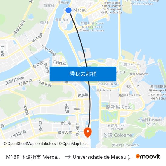 M189 下環街市 Mercado De S. Lourenço to Universidade de Macau (澳門大學) Campus map