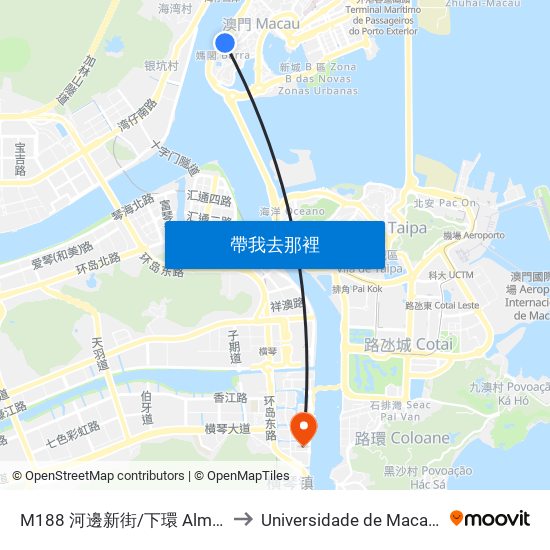 M188 河邊新街/下環 Alm. Sérgio/ Praia Manduco to Universidade de Macau (澳門大學) Campus map