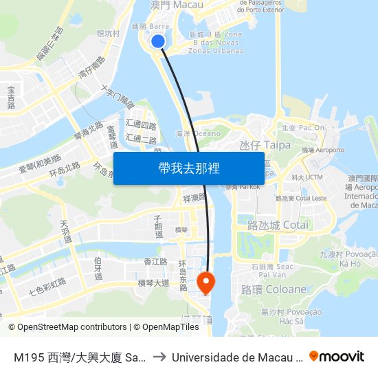 M195 西灣/大興大廈 Sai Wan/ Edf. Tai Heng to Universidade de Macau (澳門大學) Campus map
