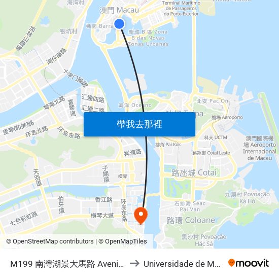 M199 南灣湖景大馬路 Avenida Panoramica Do Lago Nam Van to Universidade de Macau (澳門大學) Campus map