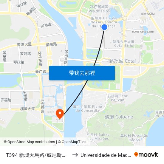 T394 新城大馬路/威尼斯人 Av. Cidade Nova/ Venetian to Universidade de Macau (澳門大學) Campus map