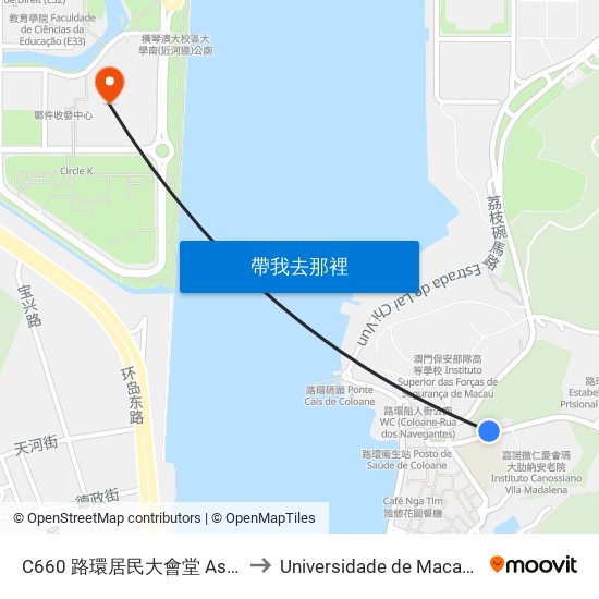 C660 路環居民大會堂 Assoc. De M. De Coloane to Universidade de Macau (澳門大學) Campus map