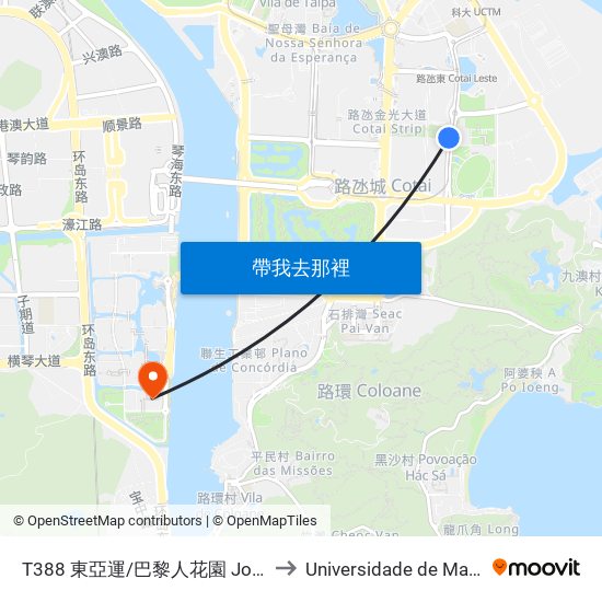T388 東亞運/巴黎人花園 Jogos Da Ásia Oriental / Le Jardin to Universidade de Macau (澳門大學) Campus map