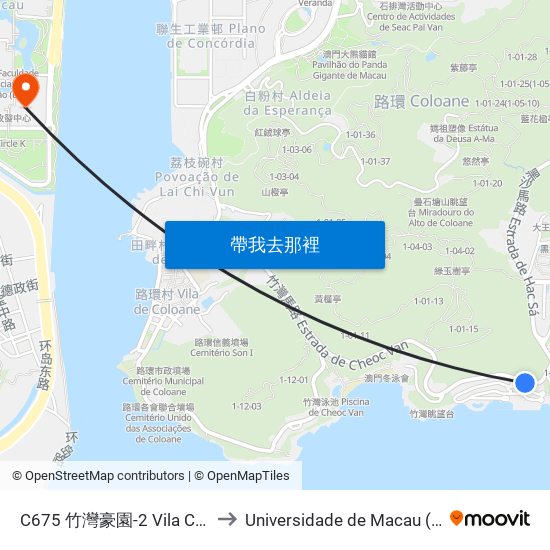 C675 竹灣豪園-2 Vila Chok Wan Hou Un-2 to Universidade de Macau (澳門大學) Campus map