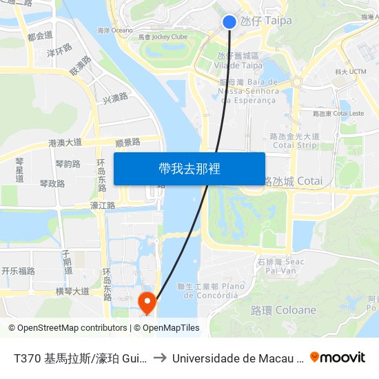 T370 基馬拉斯/濠珀 Guimarães / Nova Park to Universidade de Macau (澳門大學) Campus map