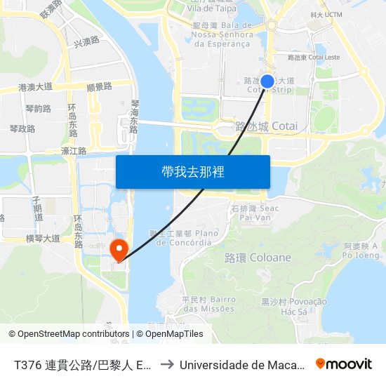 T376 連貫公路/巴黎人 Est. Do Istmo / Parisian to Universidade de Macau (澳門大學) Campus map