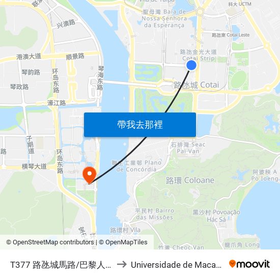 T377 路氹城馬路/巴黎人 Av. De Cotai / Parisian to Universidade de Macau (澳門大學) Campus map