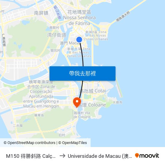 M150 得勝斜路 Calçada Da Vitória to Universidade de Macau (澳門大學) Campus map